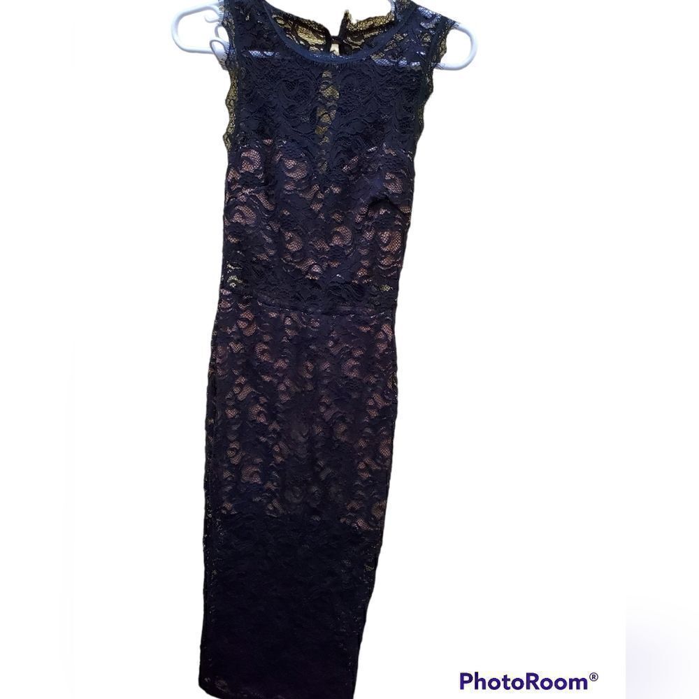 Sabora Lace Keyhole Bodycon Midi Dress Black Nude Lined Size M